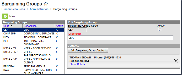 Screenshot of the Bargaining Groups editor.