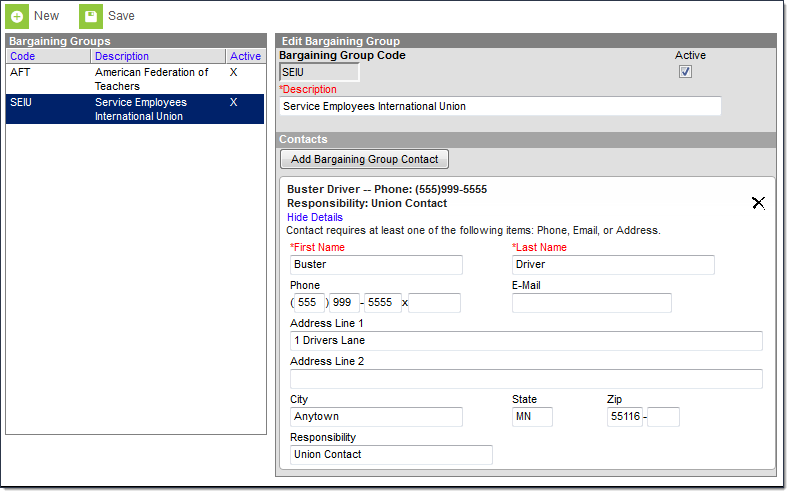 Screenshot of the fields that are populated for a bargaining group contact.