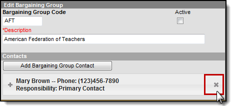Screenshot for removing a contact from a bargaining group. The X next to the contact is highlighted.