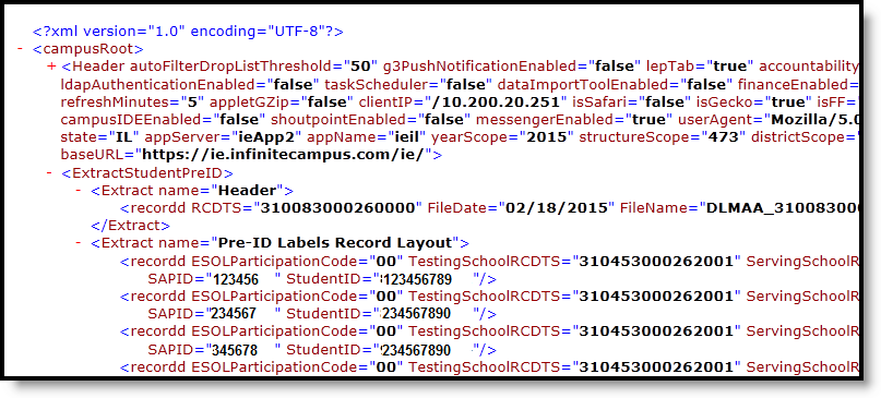 Screenshot of the Assessment Pre-ID Extract - XML.