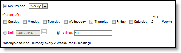 Screenshot of Reoccurring Meeting Options fields. 
