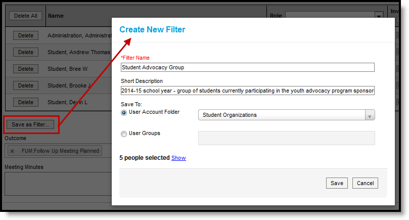 Two-part screenshot showing the Create New Filter window that displays when a user clicks the Save as Filter button.