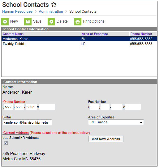 Screenshot of the School Contacts tool with an example contact.