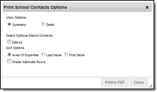Screenshot of the print options for School Contacts.