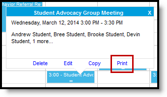 Screenshot of a meeting selected with the Print link highlighted.