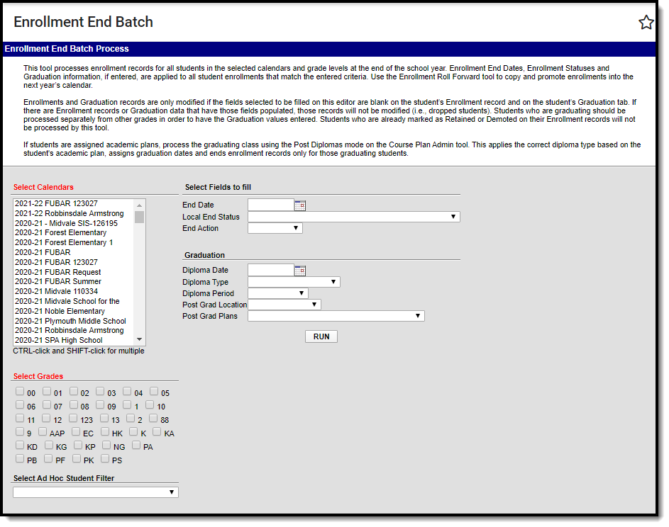 Screenshot of the Enrollment End Batch editor.