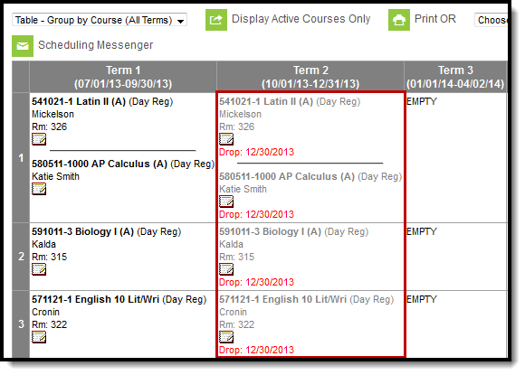 Screenshot showing a Dropped Course Section appearing on Student's Schedule.