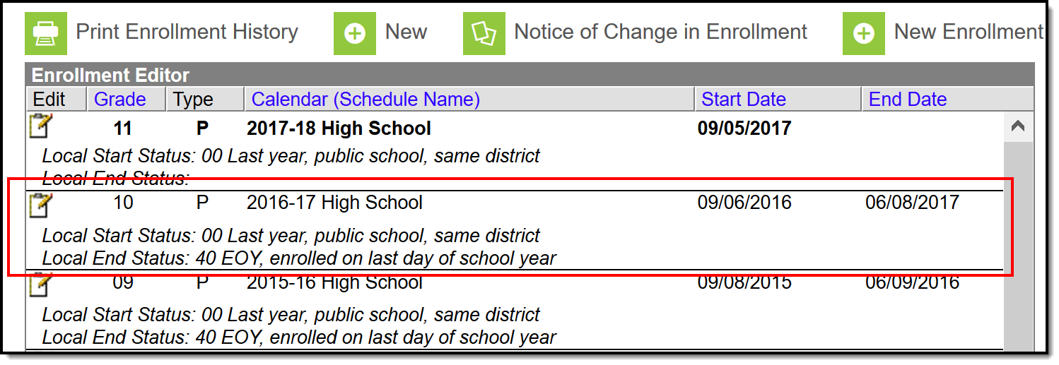 Screenshot of an Ended Enrollment Record.