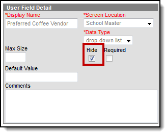 screenshot of the user field detail highlighting the hide checkbox.