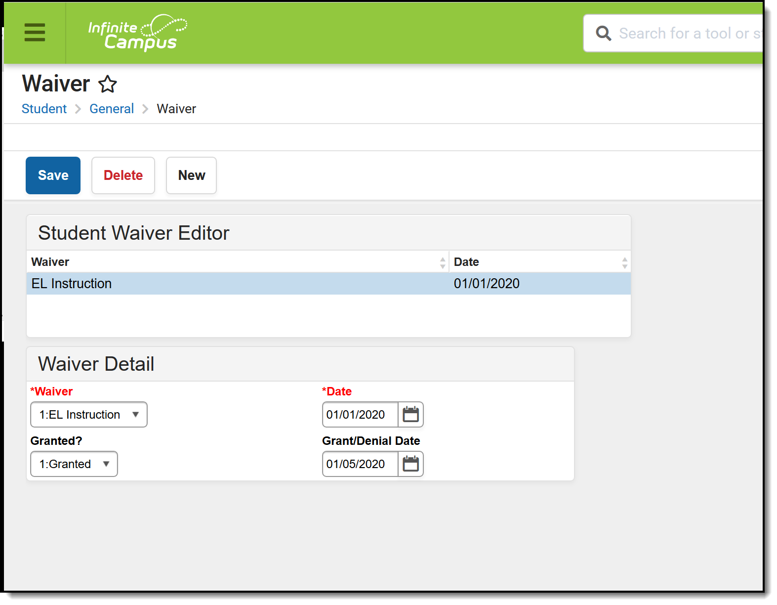 Screenshot of the Student Waiver tool. 