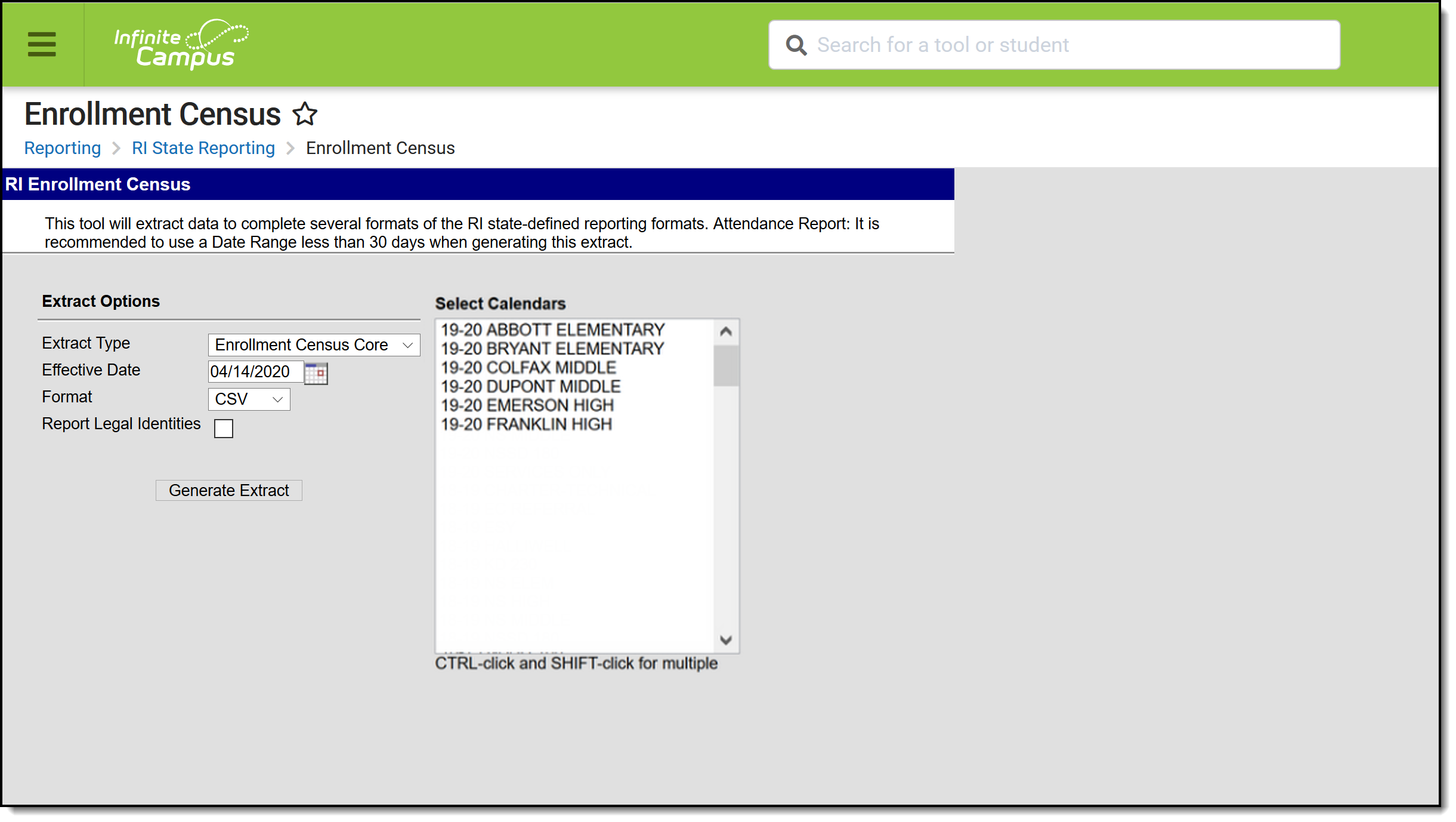 Screenshot of the Enrollment Census Core Extract editor. 