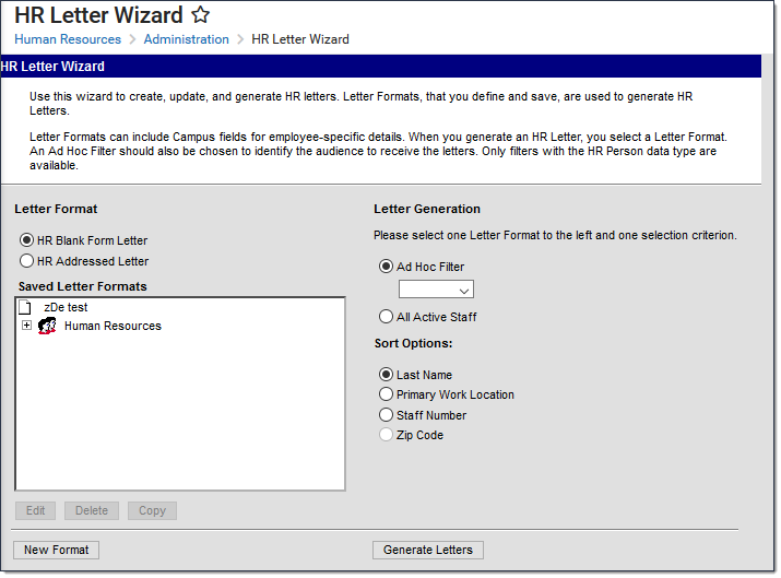 Screenshot of the HR Letter Wizard Format and Generation tool.