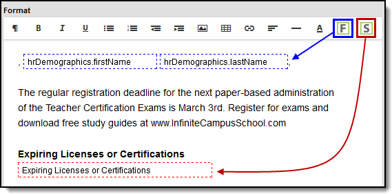 Screenshot of an HR Letter template, Campus Fields and a Campus Sub-Report are highlighted.