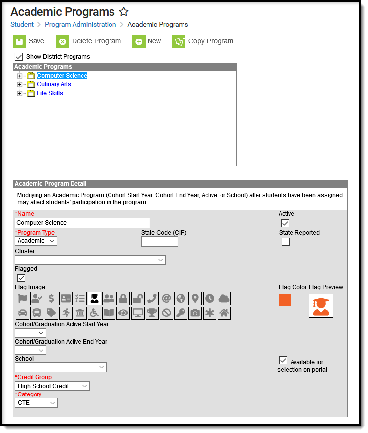 Screenshot of the Academic Program Detail Editor with all the required and optional fields, selections and flag images.