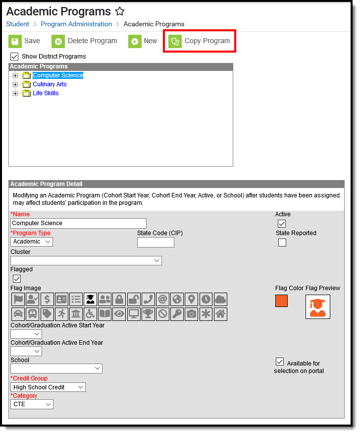 Screenshot of the Copy Program button selected, and the Academic Program Detail editor with all options displaying.