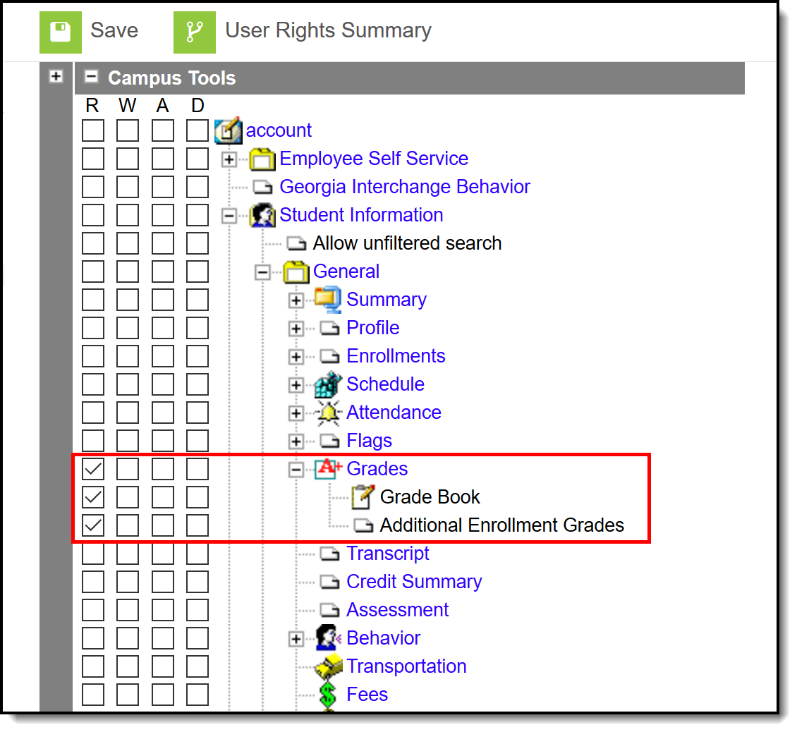 Screenshot of tool rights in the classic view of Campus with the three relevant rights highlighted. 