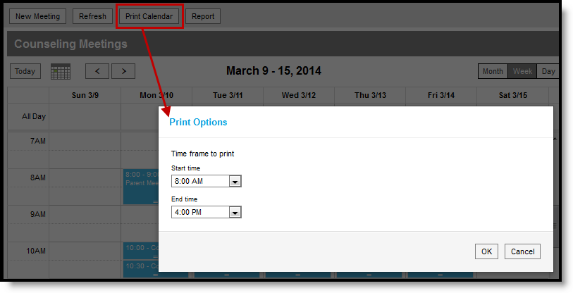Two-part screenshot of the print options that display when the Print Calendar button is clicked.