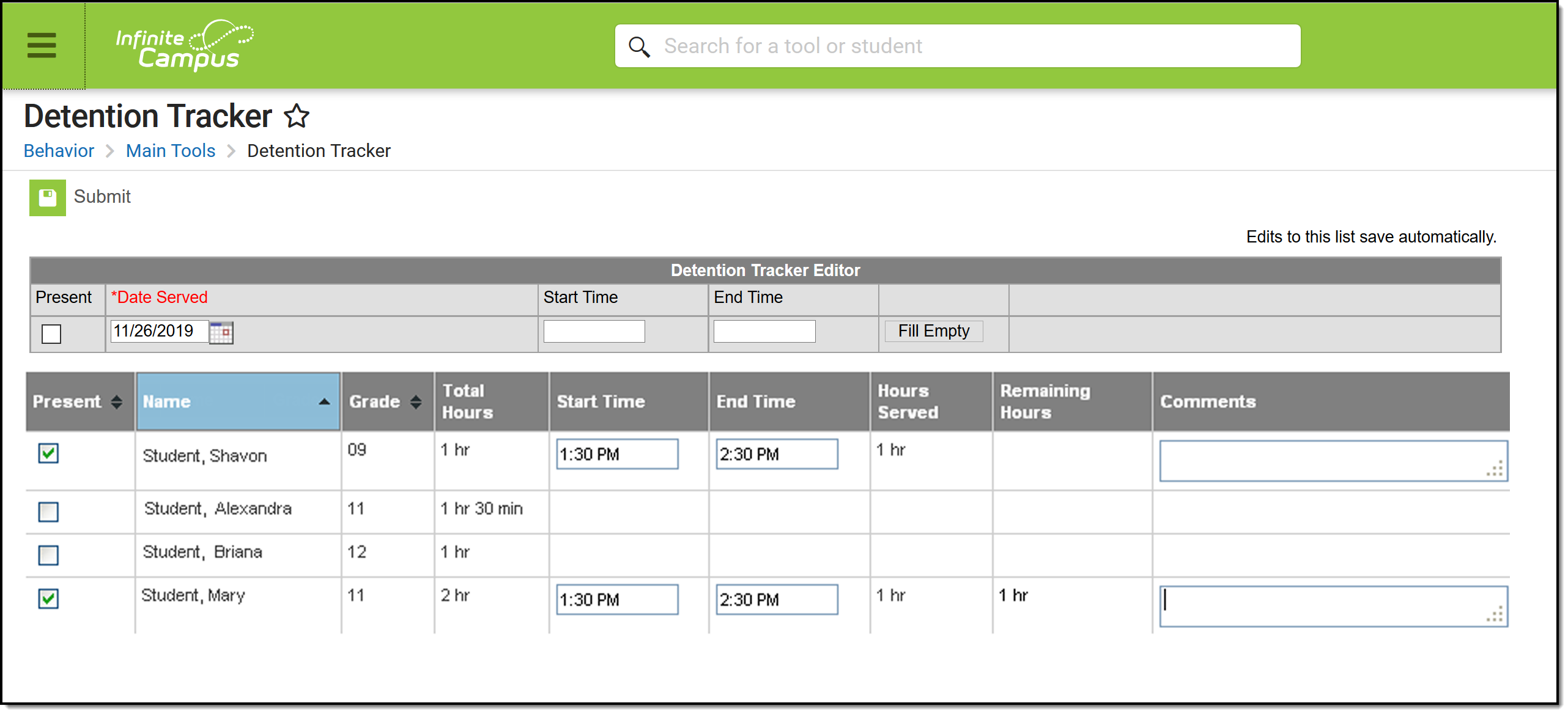 Screenshot of the Detention Tracker with several examples listed.