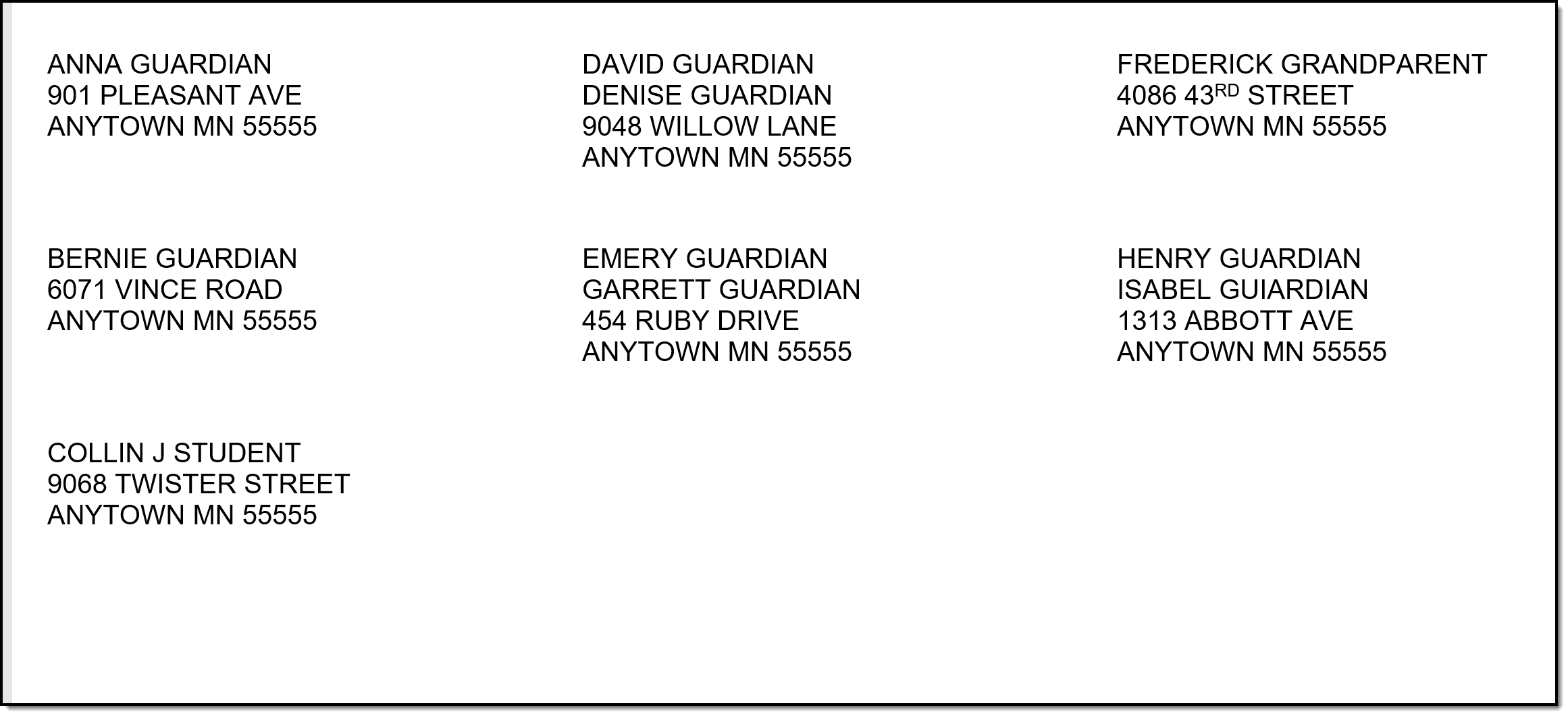 Screenshot of the guardians mailing labels print view.