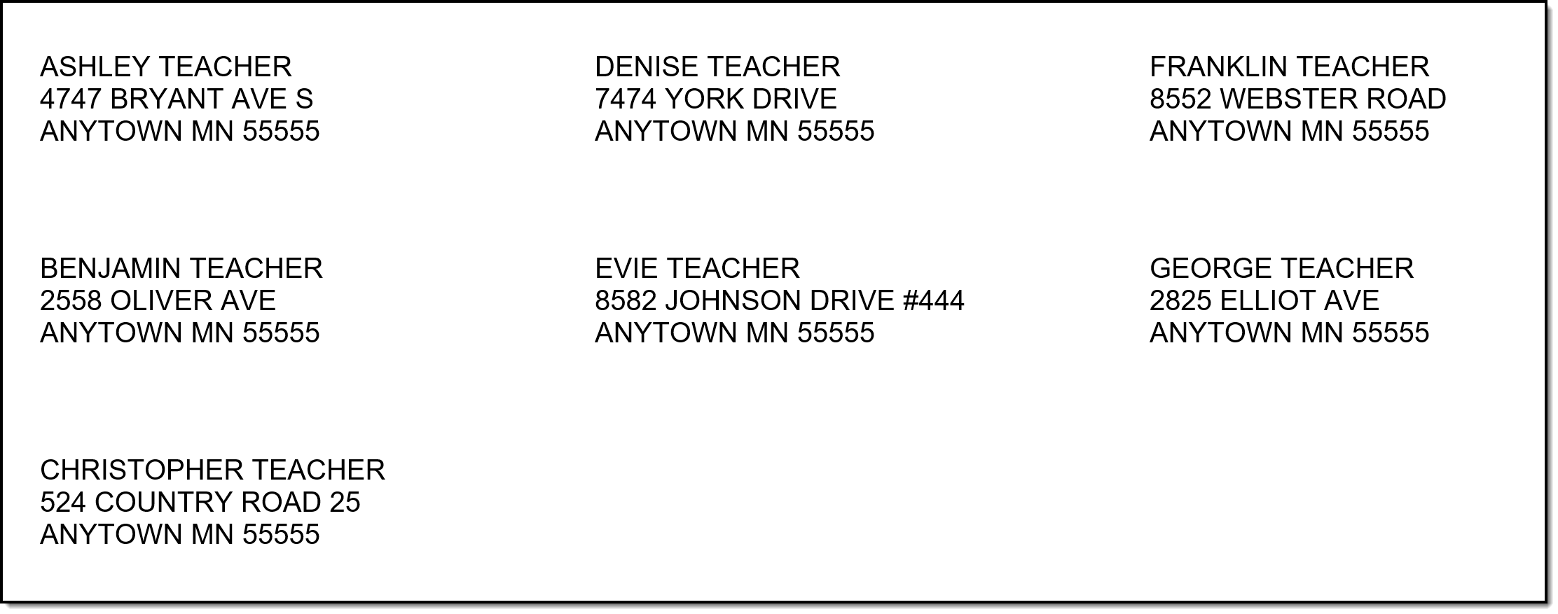Screenshot of the teacher Mailing Labels Print view.