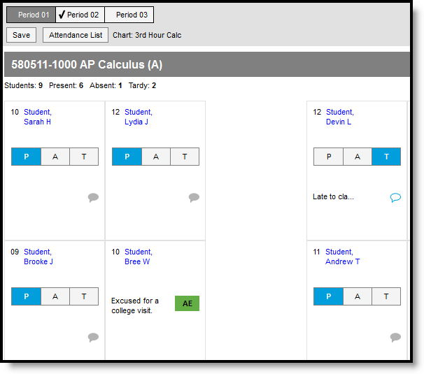 Screenshot of a seating chart with attendance indicators for P/A/T and a comments icon.  