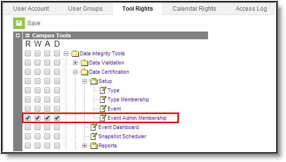Screenshot of Event Admin Membership Tool Rights