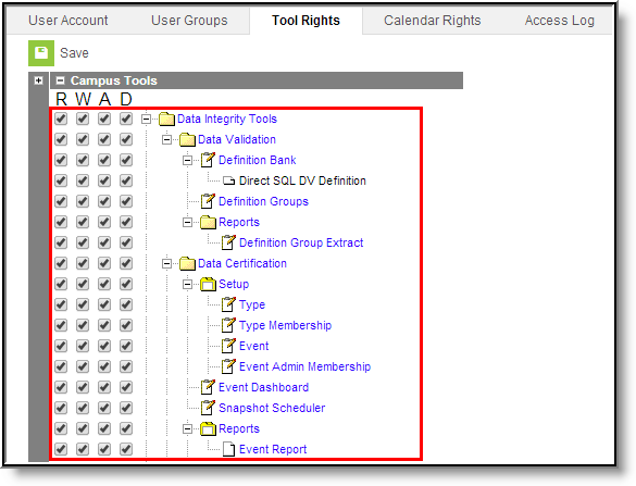 Screenshot of Data Integrity Tool Rights