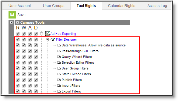 Screenshot of Ad Hoc Reporting Tool Rights