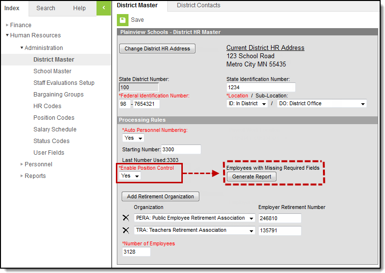 Screenshot highlighting the Enable Position Control field on District Master and the Generate Report button. 