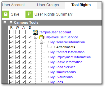 Screenshot of the tool rights for the Employee Self Service tools.