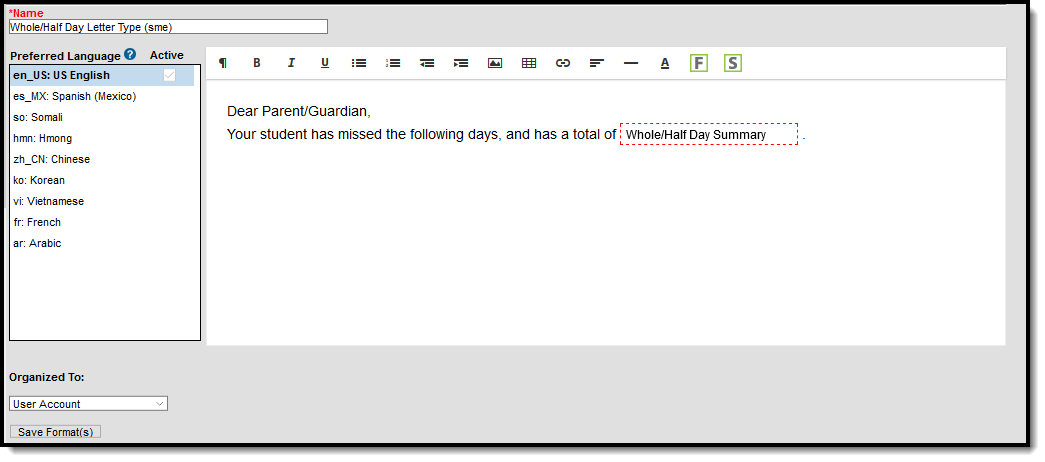 Screenshot of Whole/Half Day Letter Format Editor.
