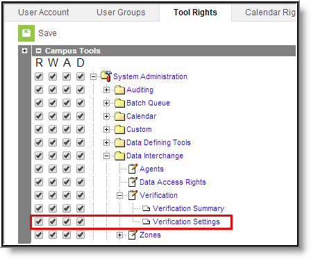 screenshot of the verification settings tool rights.