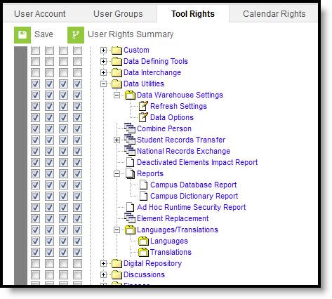 Screenshot of the Tool Rights options for the Data Utilities tools.