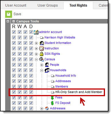 Screenshot of the tool rights, the HR-Only Search right is called out.