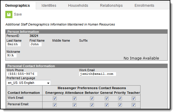 Screenshot of the Demographics tool in Census, showing the limited fields for staff.