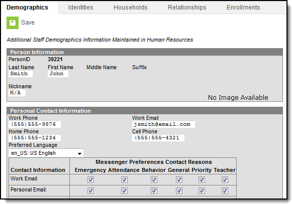 Screenshot of the demographics tool of an employee related to a student. Contact information displays.