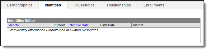 Screenshot of the Identities tool in Census for a staff member showing information is not available.