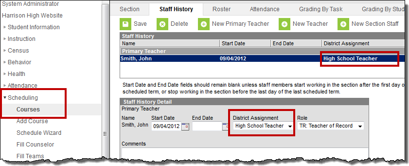 Screenshot showing the staff assignment for a teacher assigned the Teacher role in HR.