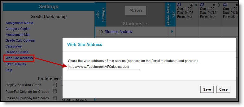 Screenshot of the web site address tool in the Grade Book settings menu with a website entered. 