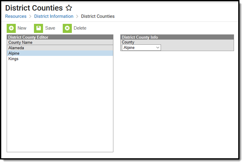 Screenshot of the District Counties tool with a district selected. 