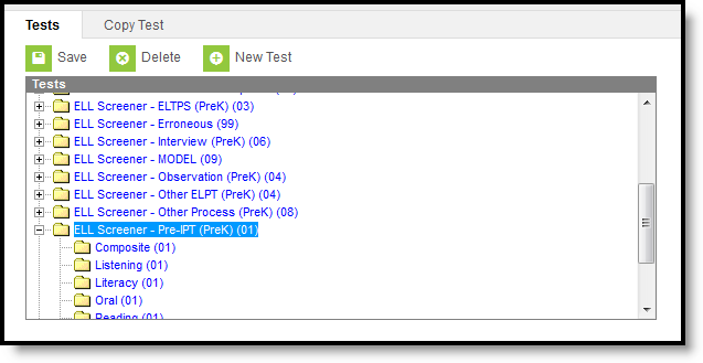 Screenshot showing tree structure for tests set up for ELL Screener.