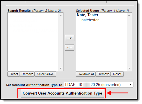 screenshot of the convert user accounts authentication type button hightlighted