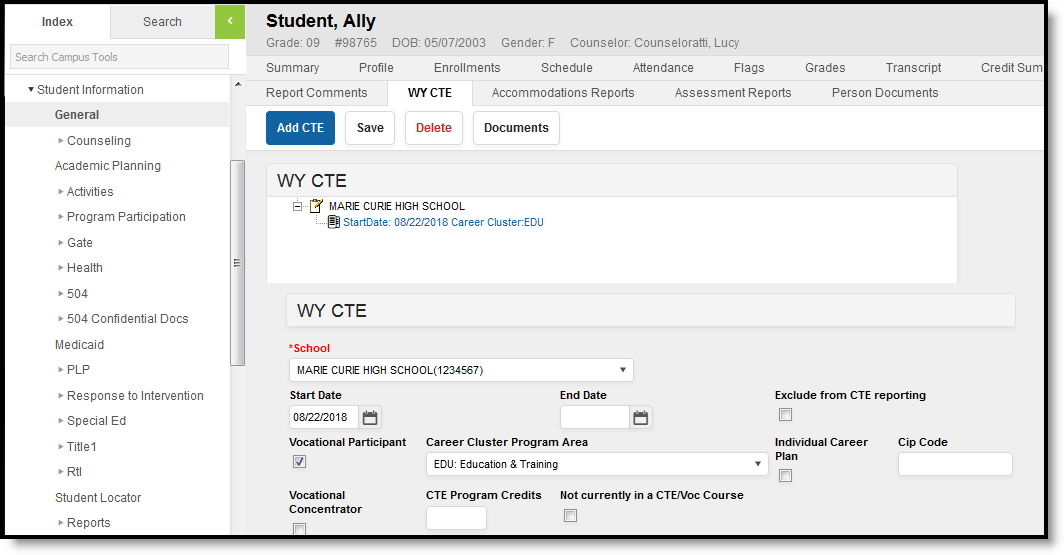 Screenshot of  Wyoming WY CTE Student Tool.