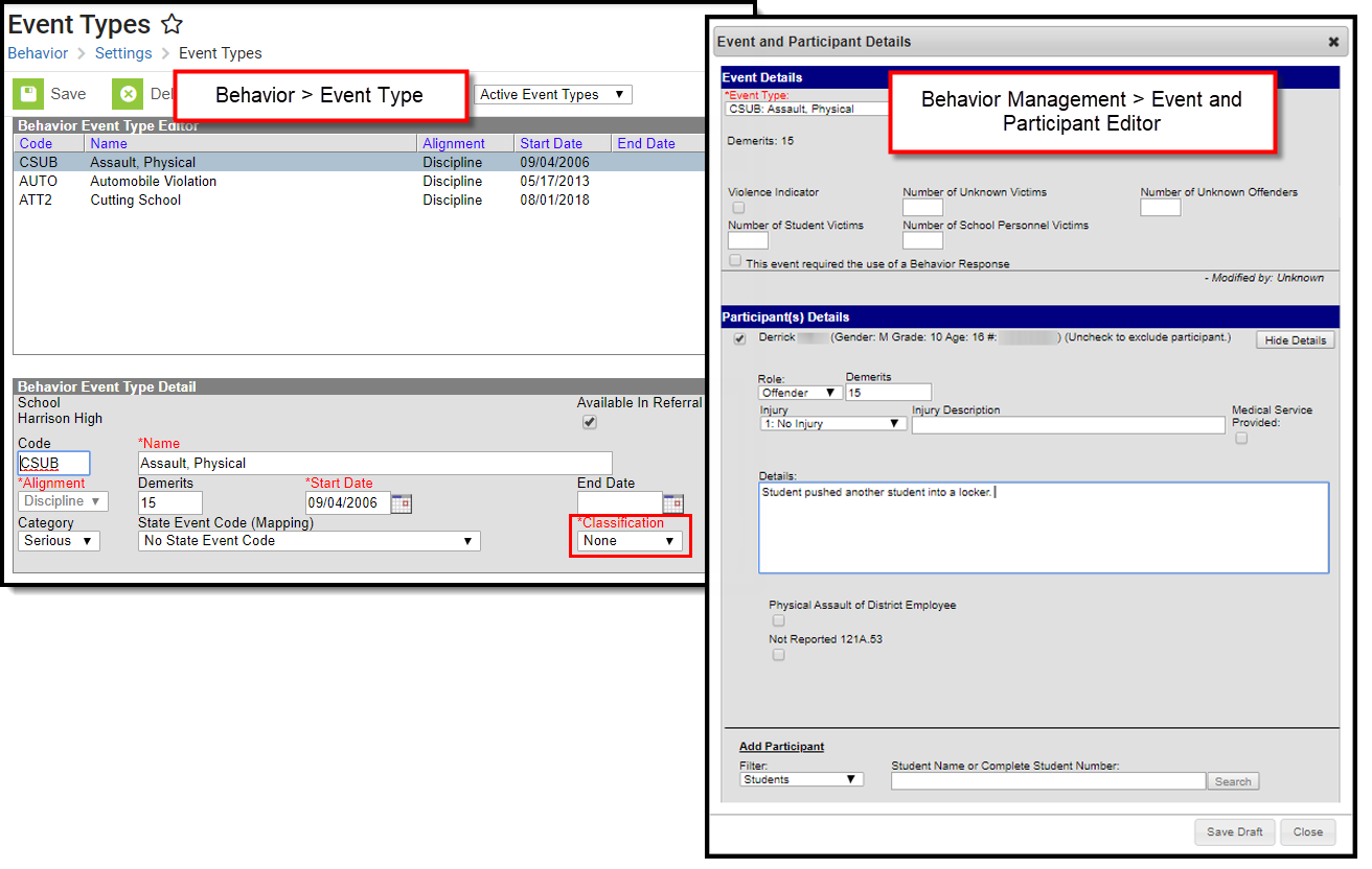 Screenshot showing the Classification field in the Event Types tool with None selected and highlighting a participant record in Behavior Management with no Classification field.