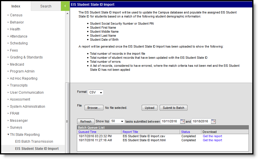 Screenshot of EIS Student State ID Import editor