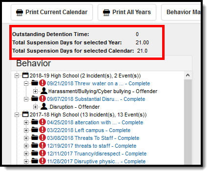 Screenshot of the Behavior Totals for the student. 