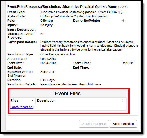 Screenshot of the student's Behavior Event Files. 