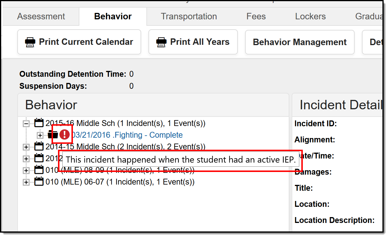 Screenshot of behavior events that involve special education students. 