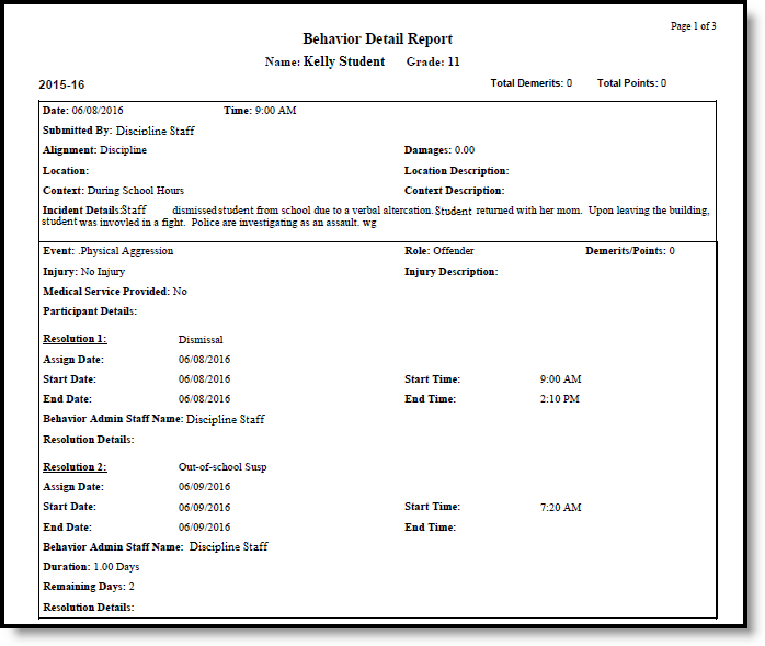 Screenshot of the Print view of the current calendar listing the student's behavior events. 