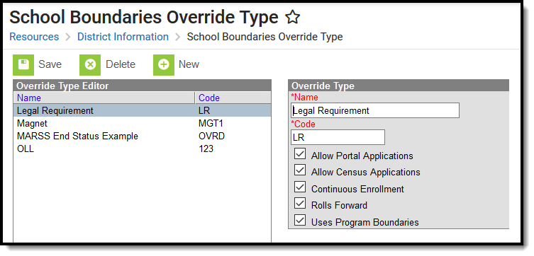 Screenshot of the School Boundaries Override Type tool.
